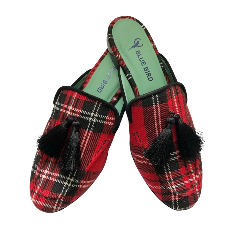 NEW Blue Bird Red Black Plaid Tasseled Mules 6